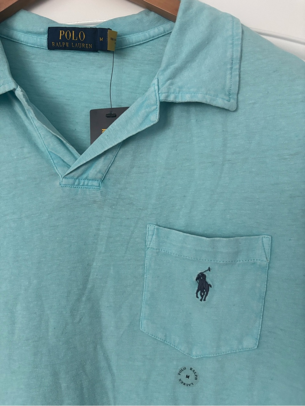 NWT Polo Ralph Lauren Cotton-Linen Johnny Collar Pocket Polo Shirt Aqua Blue M